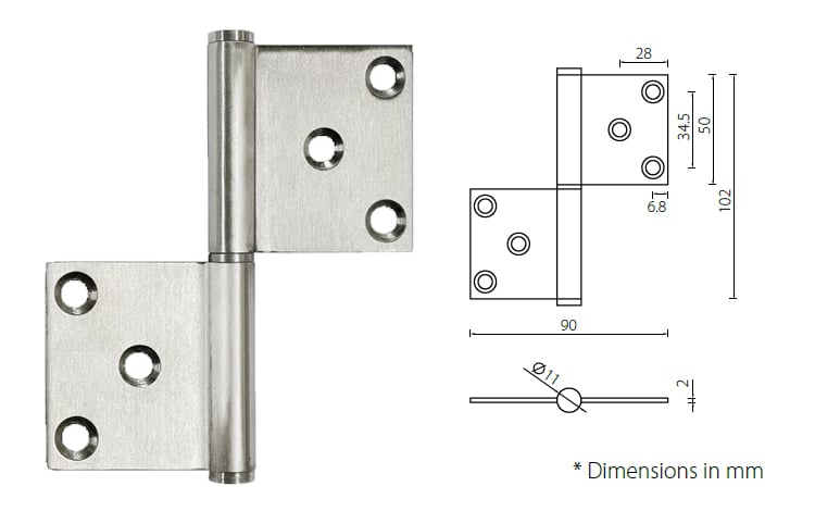 Satin stainless steel flag hinge 102mm*89mm*2mm for 40kg doors - Door Hinge - 1